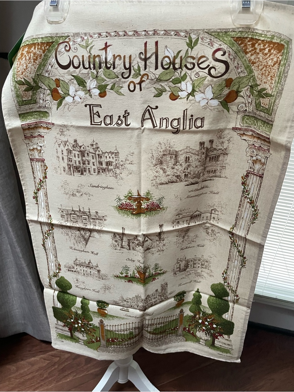 Country Houses of East Anglia Decorative Printed Tea Towel - Cream & Green